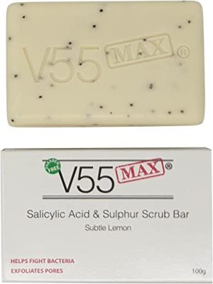 V55 MAX Salicylic Acid, Tea Tree Oil and Sulphur Soap Scrub for Spots Blackheads Milia Blemishes Problem Skin Suitable and Safe for those Prone to...