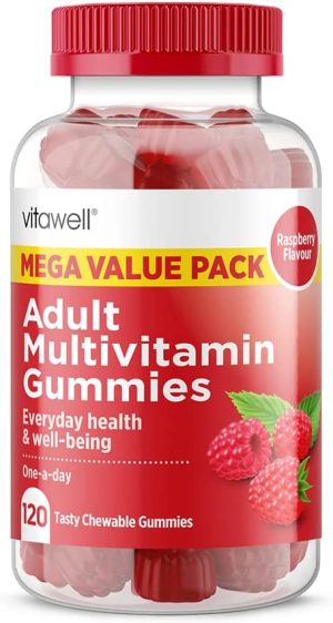 Vitawell Adult Multivitamin Gummies | 120 Raspberry Flavour Gummies | Mega Pack | 4 Months’ Supply | One a Day Chewable Adult Multivitamins | 10...