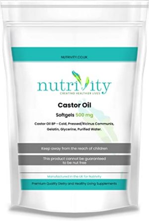 Castor Oil 500mg Soft Gels | Intestinal Help | Constipation Relief | Healthy Hair & Skin | Made in The UK to GMP Standards by Nutrivity (120)