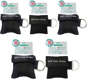 CPR Face Shields, 5 Pcs CPR Resuscitation Face Mask Keychain Ring Pouch for First Aid Cardiac Resuscitation Training (Black)