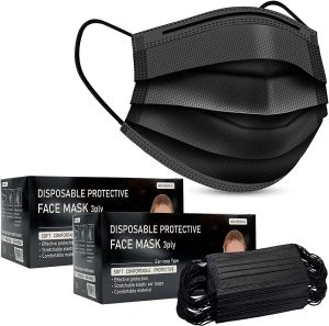 Disposable Black Face_mask Box of 100 | Breathable Triple Layer Mouth Cover with Elastic Ear loops| UK Seller