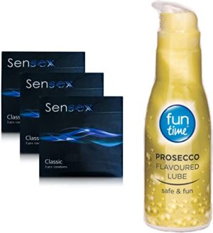 Fun Time Flavoured Lube (Prosecco) 75 ml with Sensex Condoms Small Fit (3 Pack, 9 Condoms in Total), Maximum Pleasure and Comfort with Extra...