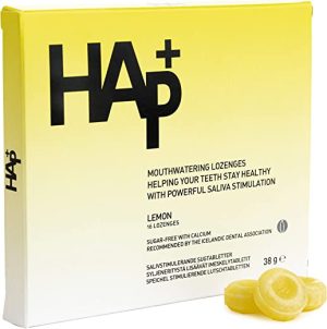 HAp+ Dry Mouth Drops - 16 Lemon Flavoured Lozenges - Mouth Watering, Vegan, and Sugar Free - Maintains Healthy Teeth - Blister Pack - New Packaging...