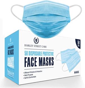 Harley Street Care Disposable Blue Face Masks Protective 3 Ply Breathable Triple Layer Mouth Cover with Elastic Earloops (Pack of 50)