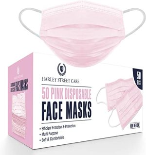 Harley Street Care Disposable Pink Face Masks Protective 3 Ply Breathable Triple Layer Mouth Cover with Elastic Earloops (Pack of 50)