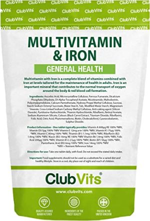 High Strength Multivitamin & Iron - Includes Important Immune Defence with Vitamin C, D & B6 | One-A-Day Easy-Swallow 90 Pack of Tablets by Club Vits