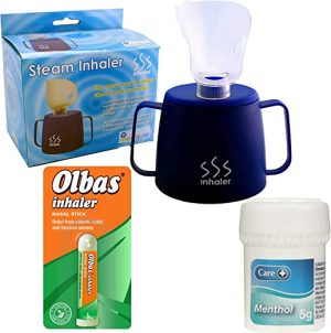 Medisure Steam Inhaler Cup + Menthol BP + Olbas Nasal Inhaler Stick Bundle - Relief from Catarrh, Colds, Cough, Flu, Influenza, Nasal Congestion...