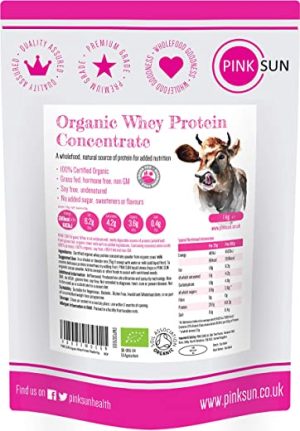 pink sun organic whey protein concentrate powder unflavoured 1kg or 3kg 80
