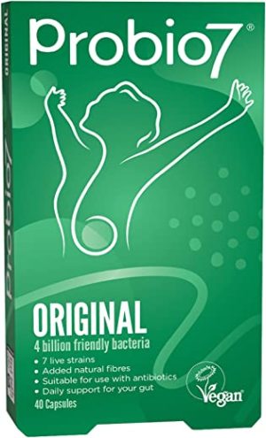 Probio7 Original | Vegan Approved | 7 Live Strains | 4 Billion CFU + 2 Types of Natural Fibre | Digestive Health Supplement (40 Capsules)