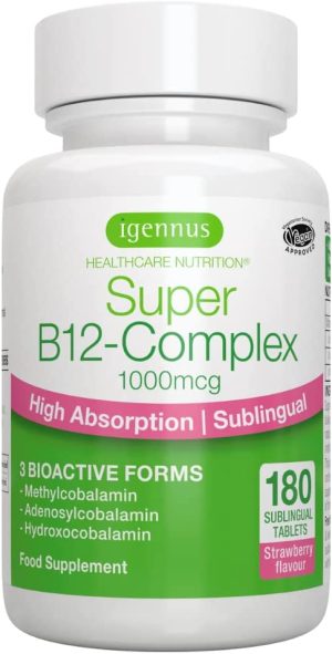 Super B12-Complex 1000mcg, High Absorption Sublingual Vitamin B12 in Three Bioactive Forms with Methylcobalamin, Vegan, 180 Tablets