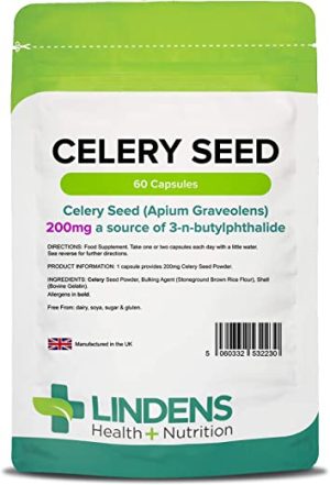 Lindens Celery Seed 200mg Capsules - 60 Pack - 200mg Whole Apium Graveolens Seed in A Rapid Release, Easy Swallow Capsule - UK Manufacturer,...