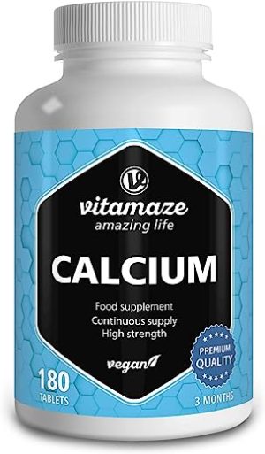 Calcium Tablets High Strength -180 Tablets for 3 Months - 2028mg Calcium Carbonate per Daily Dose -Organic and Vegan Food Supplement Without Additives