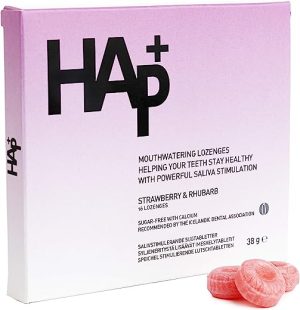 HAp+ Dry Mouth Drops - 16 Strawberry & Rhubarb Flavoured Lozenges - Mouth Watering, Vegan, and Sugar Free - Maintains Healthy Teeth - Blister Pack...