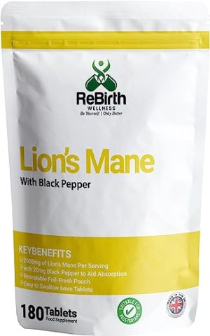 Lions Mane with Black Pepper | 2000mg | 180 Vegan Tablets | Made in The UK | Powerful Mushroom Supplement for Lions Mane Powder Benefits - Rebirth...