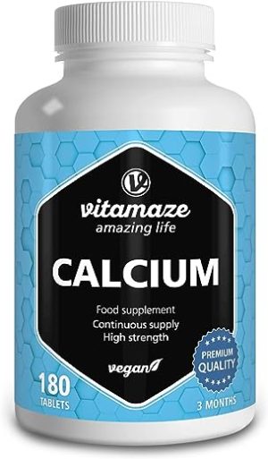 Calcium Tablets High Strength -180 Tablets for 3 Months - 2028mg Calcium Carbonate per Daily Dose -Organic and Vegan Food Supplement Without Additives