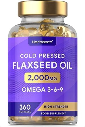 Flaxseed Oil Capsules 2000mg | 360 Count | Omega 3 6 9 with High Strength Alpha Linolenic Acid (ALA) | Cold Pressed Supplement | by Horbaach