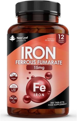 Gentle Iron Tablets 15mg High Strength (1 Year Supply) Ferrous Fumarate Iron - Vegan Iron Supplements for Men & Women Health - Reduction in...