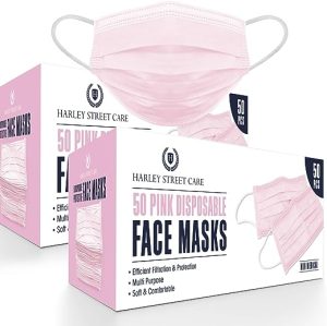 Harley Street Care Disposable Pink Face Masks Protective 3 Ply Breathable Triple Layer Mouth Cover with Elastic Earloops (Pack of 100)