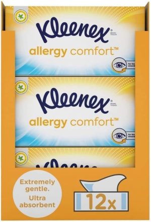 Kleenex Allergy Comfort Tissues - Pack of 12 Tissue Boxes- Hayfever Allergy Comfort Tissues - Extremely Gentle Tissues, Perfect for Hay Fever Symptoms