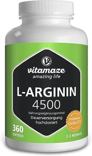 L-Arginine High Strength 4500 mg - 360 Capsules - Sport Performance Booster - Natural Supplement of Pure L Arginine Without Additives, German...