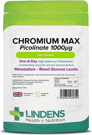 Lindens Chromium Max 1000mcg Picolinate - 120 Tablets | Detox, Metabolism, Blood Glucose, | Mega Potency (2500% NRV) | 4 Months Supply, UK...