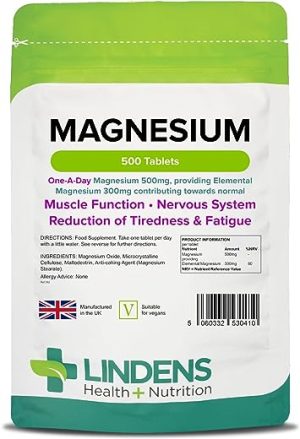 Lindens Magnesium Tablets 500mg – 500 Tablets – Reduces Tiredness and Fatigue, Supports Metabolism, Muscle Function, Nervous System, Bones, and...