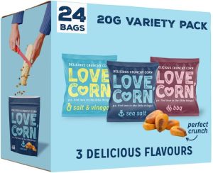 LOVE CORN Variety Pack (8x Sea Salt, 8x BBQ, 8x Salt & Vinegar 20g) – Healthy Snacks Ideal for Gluten Free & Vegan Diets – Low Sugar Alternative...