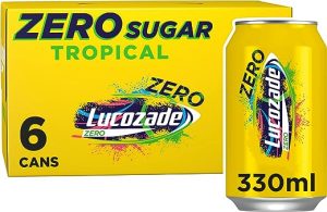 Lucozade Zero Fizzy Drink, Tropical Flavour, Sugar Free, Low Calorie, 6 Pack, 330ml Cans