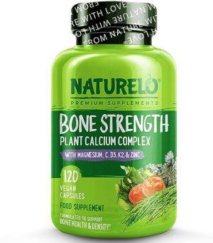 NATURELO Bone Strength - All-in-One Balanced Formula - Plant-Based Calcium, Magnesium, Potassium, Vitamin D3, K2 and Vitamin C - 120 Vegan Capsules...