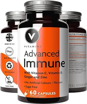 Premium Immune System Booster – Powerful Blend with Vitamin D 1000iu, Vitamin C 400mg, Vitamin A & Zinc – 60 Capsules – 30 Day Supply – Made in The UK