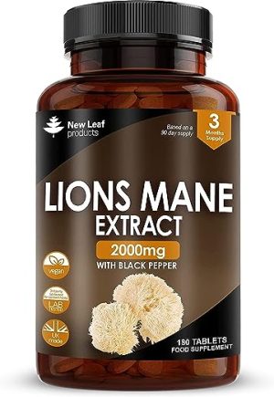 Lions Mane Mushroom 2000mg - 180 High Strength Vegan Tablets - Lion's Mane Supplement with Black Pepper - Lion's Mane Mushrooms Extract (Not Powder...