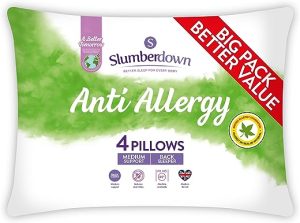 Slumberdown Anti Allergy Pillows 4 Pack - Medium Support Back Sleeper Pillows for Back Pain Relief - Anti Bacterial, Comfortable, Hypoallergenic,...