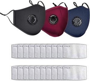 【Updated Version】3PCS Cotton Face Mask Washable and Reusable, Bandanas with Breathing valve With Activated 20 PCS Carbon Filter Replaceable Filters...